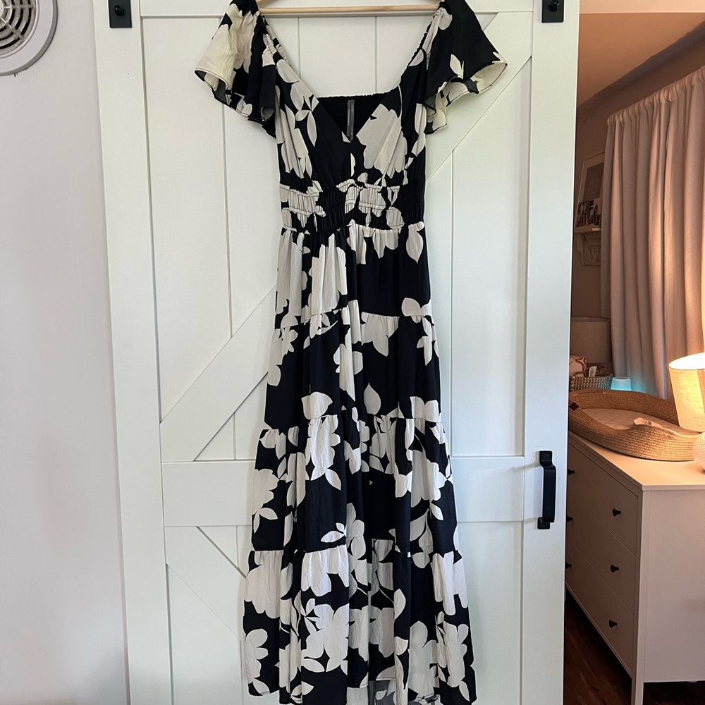 Anthropologie Black and White Flutter Sleeve Maxi Dress